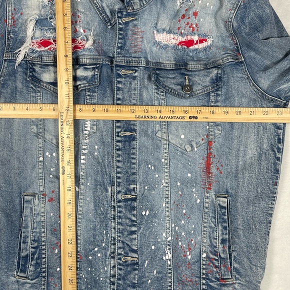 Smoke Rise: Distressed Streetwear Denim Jacket w/Red Accents & frayed details - Picture 10 of 14